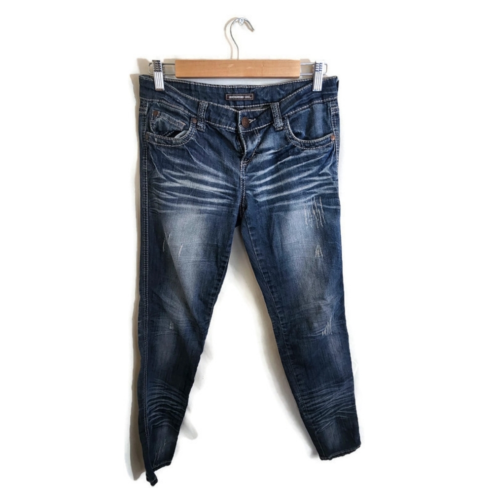 UNDERGROUND SOUL Juniors Blue & White Grunge Distressed Stretchy Skinny Jeans 5